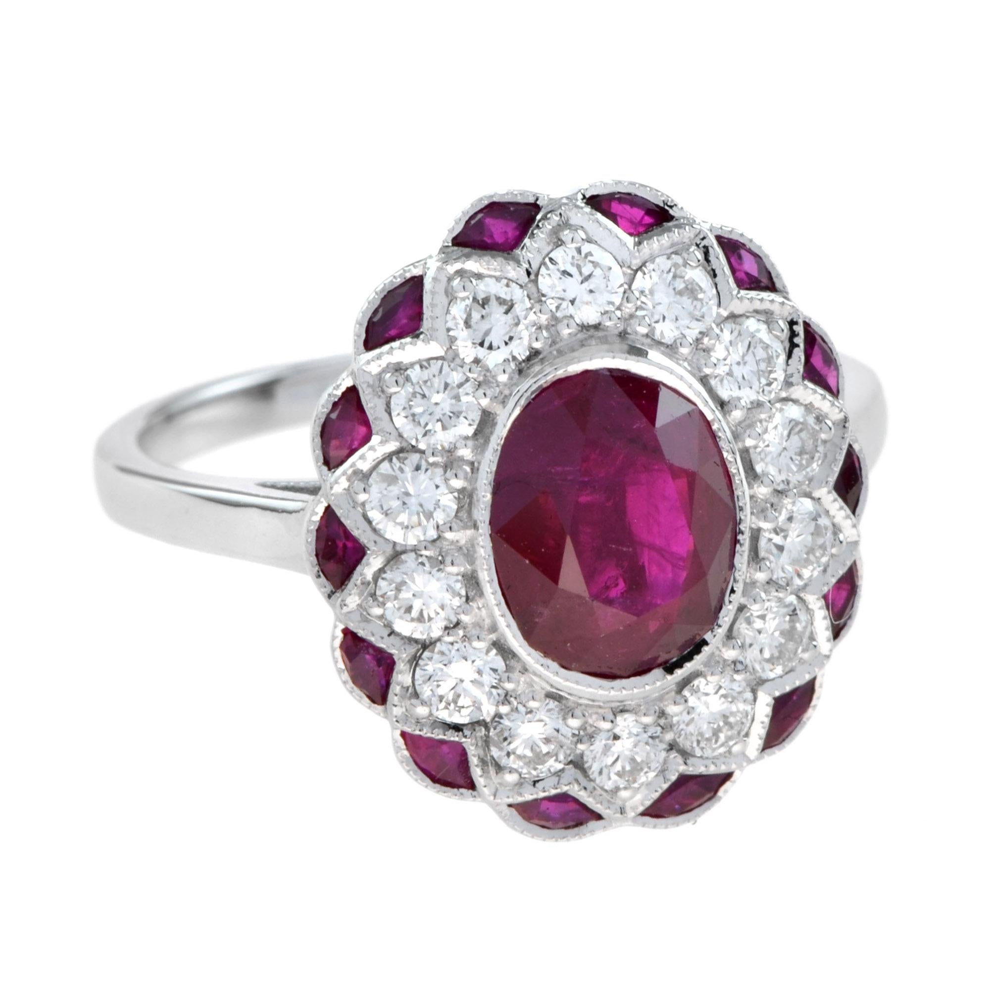 A breathtaking Siamese ruby and diamond flower ring, it’s artfully handmade of luxurious 18k white gold, and high-polished for shimmering smooth finish. The center features oval natural no heated Siamese ruby of 2.04 carats that is highlighted by