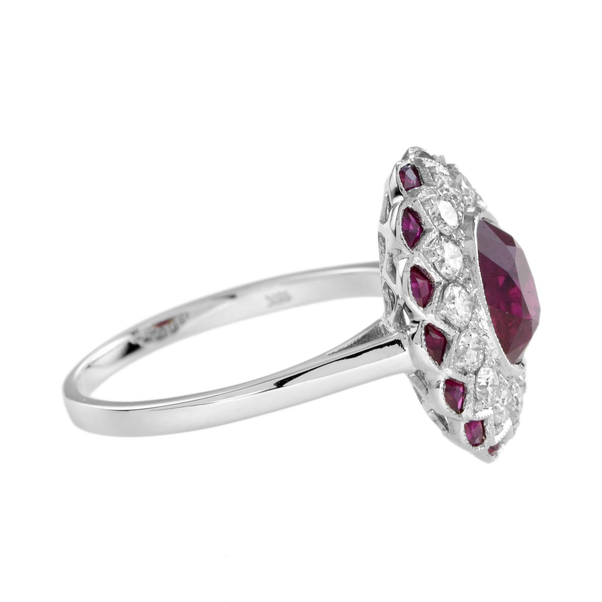 Art Deco Oval Shape Natural Siamese Ruby & Diamond Flower Halo 18K White Gold Ring For Sale