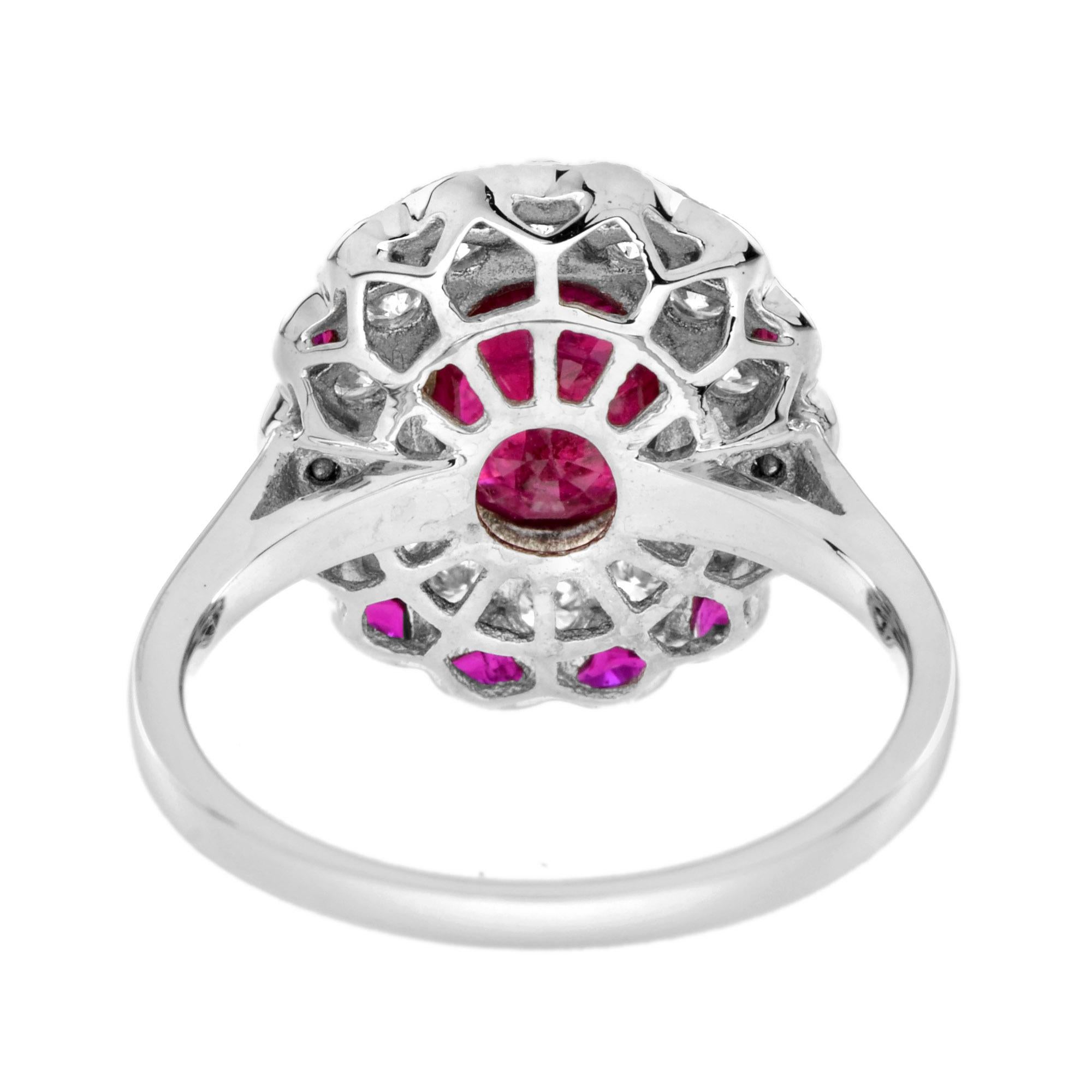 Oval Cut Oval Shape Natural Siamese Ruby & Diamond Flower Halo 18K White Gold Ring For Sale