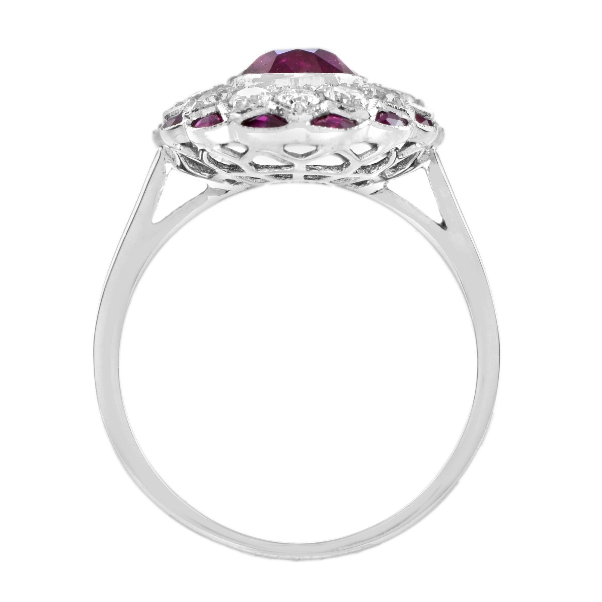 Oval Shape Natural Siamese Ruby & Diamond Flower Halo 18K White Gold Ring In New Condition For Sale In Oakton, VA
