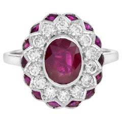 Oval Shape Natural Siamese Ruby & Diamond Flower Halo 18K White Gold Ring