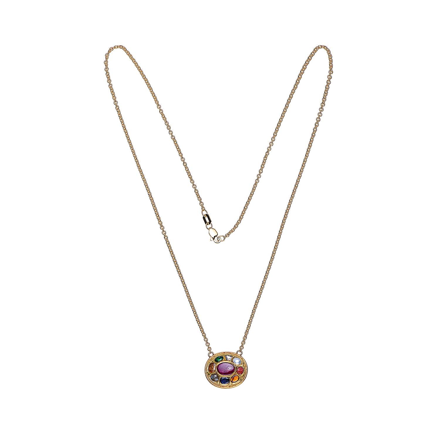 This lovely oval shape Navratna Necklace in 18K yellow gold is charmer for any occasion.

18k: 9.93gms
Diamond: 0.08ct
Mix stones: 2.99ct
