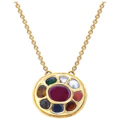 Oval Shape Navratna Necklace in 18 Karat Yellow Gold