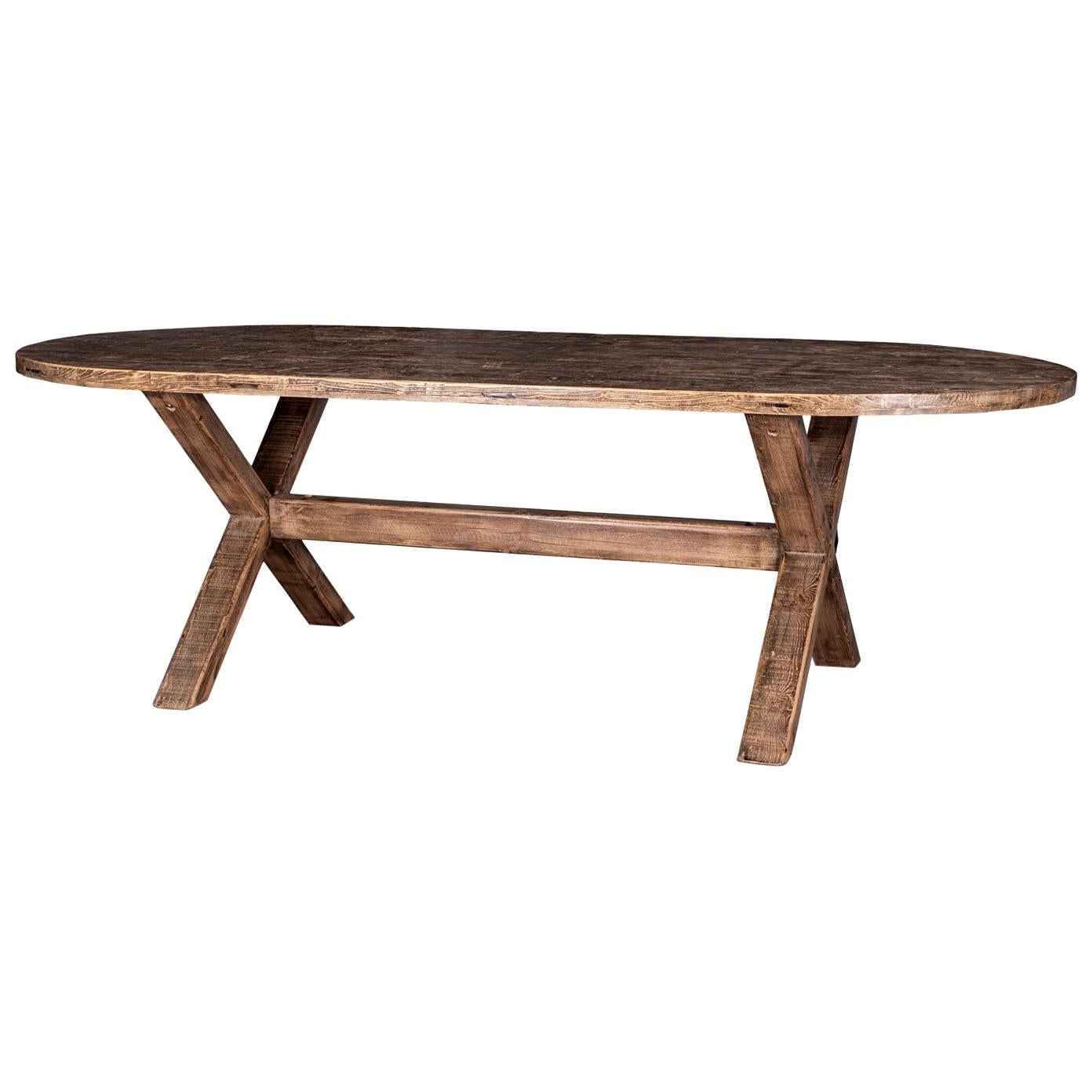 Oval-Shape Oak Trestle Dining Table