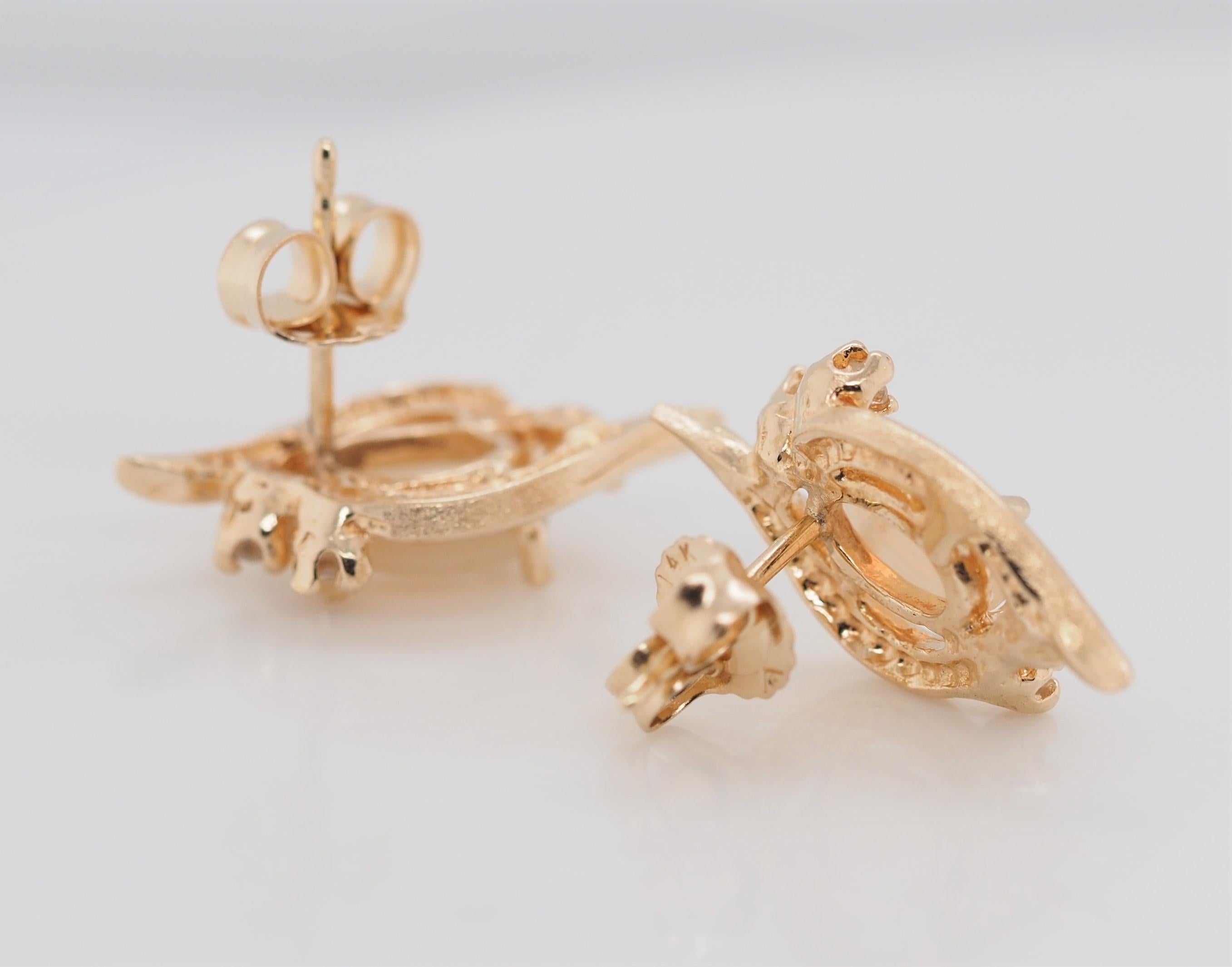 Oval Shape Opal and Diamond Stud Earrings of 14 Karat Yellow Gold 1