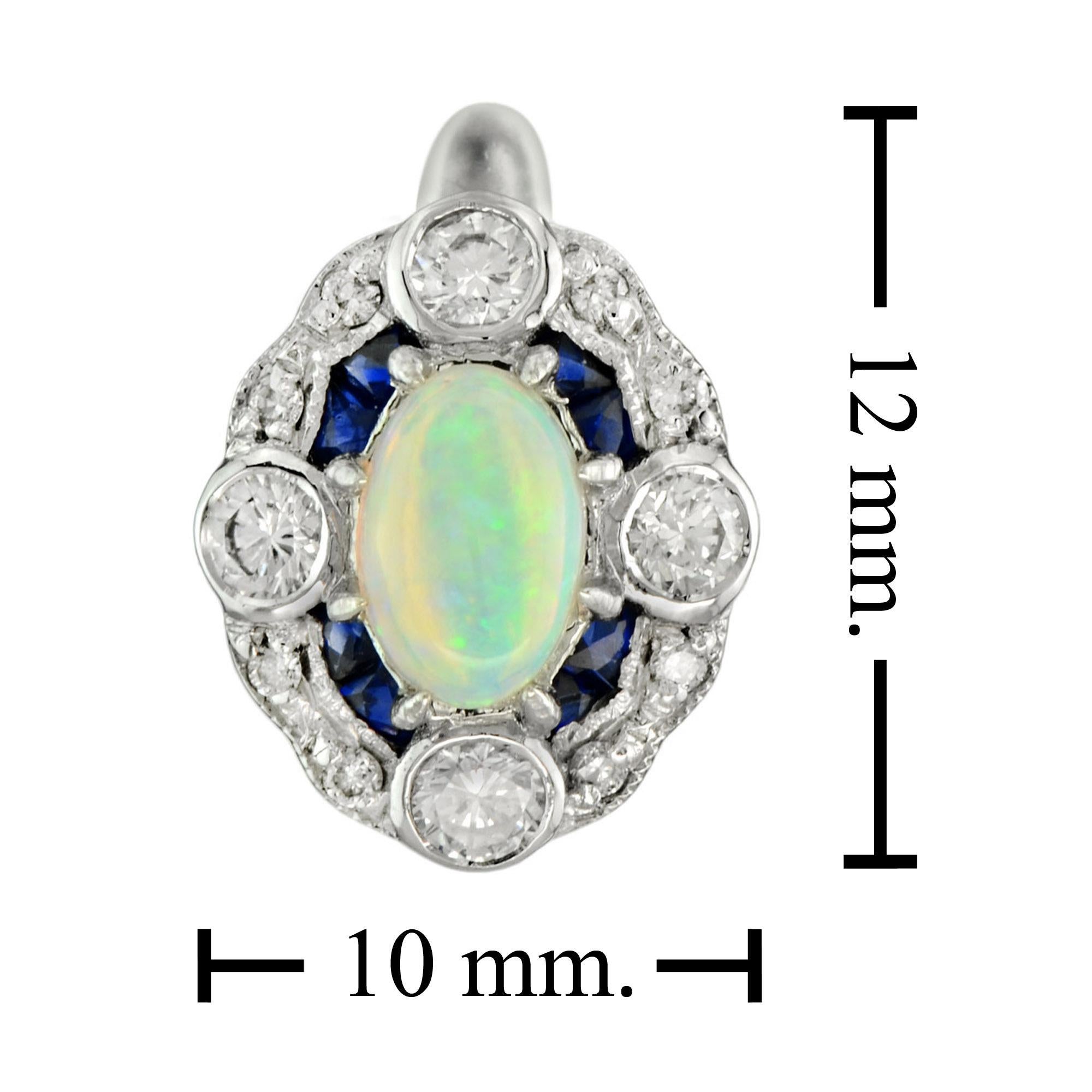 Cabochon Oval Shape Opal with Diamond & Sapphire Accent Antique Style White Gold Earrings For Sale