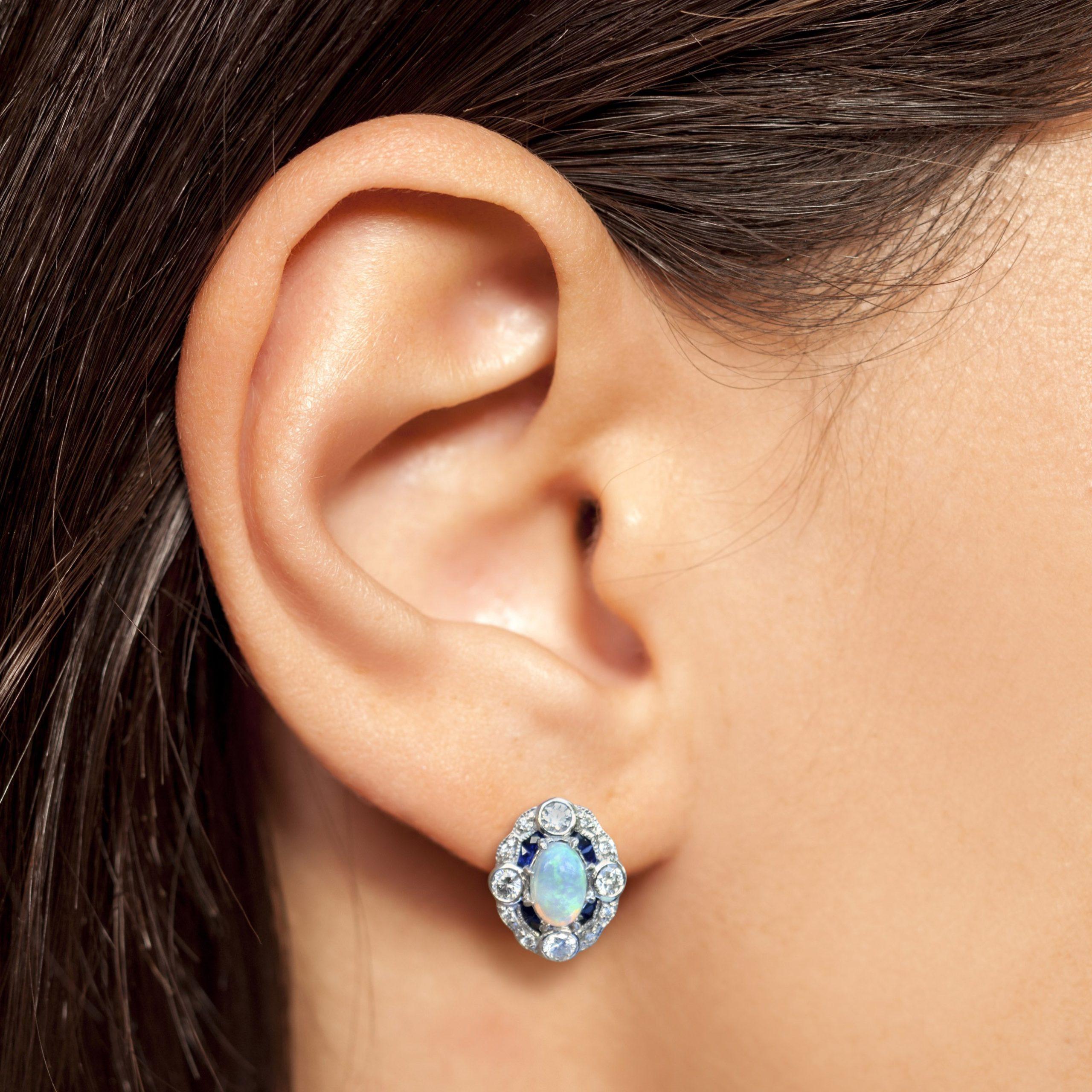 Oval Shape Opal with Diamond & Sapphire Accent Antique Style White Gold Earrings In New Condition For Sale In Oakton, VA