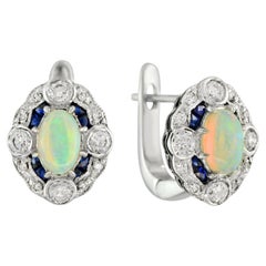 Oval Shape Opal with Diamond & Sapphire Accent Antique Style White Gold Earrings