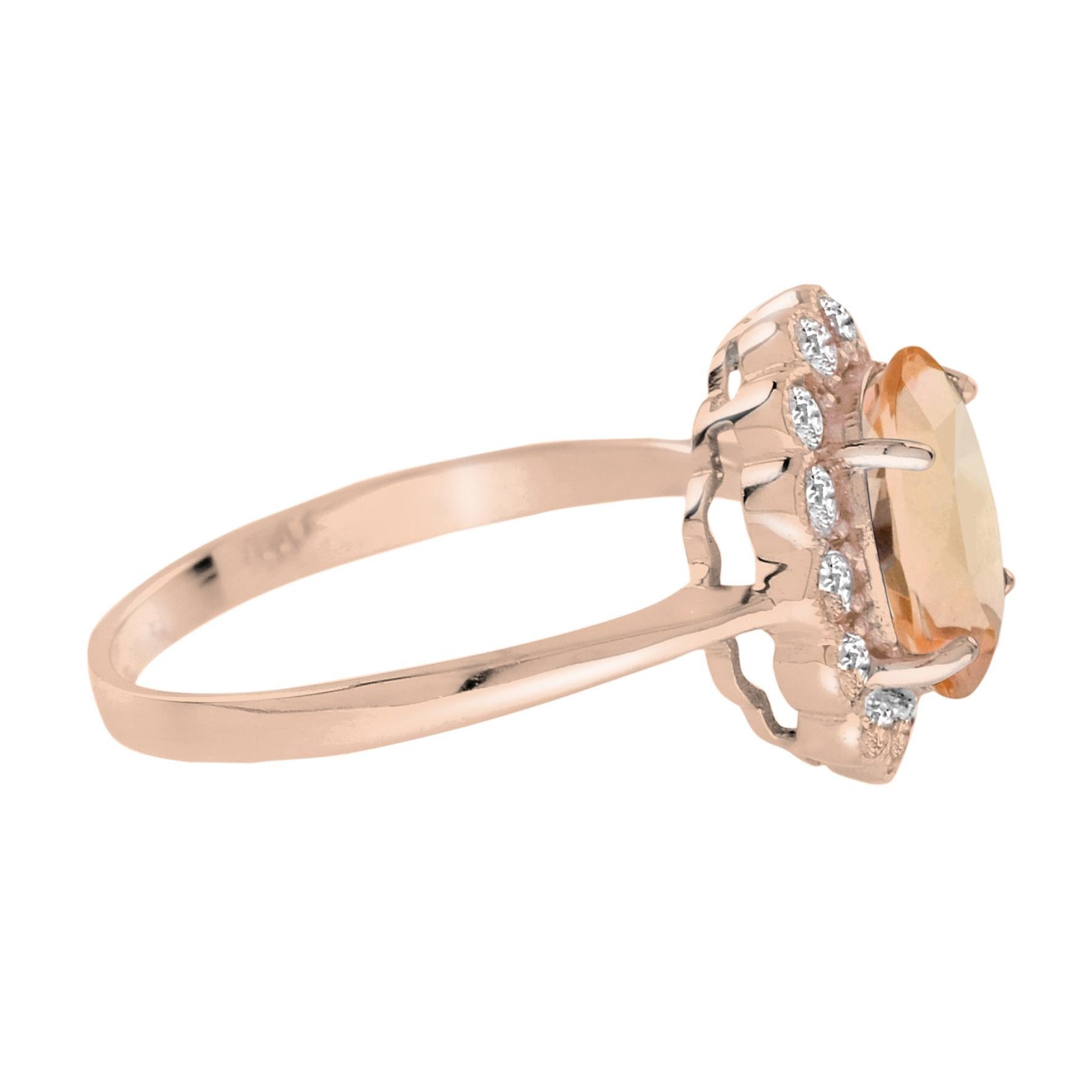 Victorian Oval Shape Peach Orange Morganite with Diamond Engagement 18K Rose Gold Ring For Sale