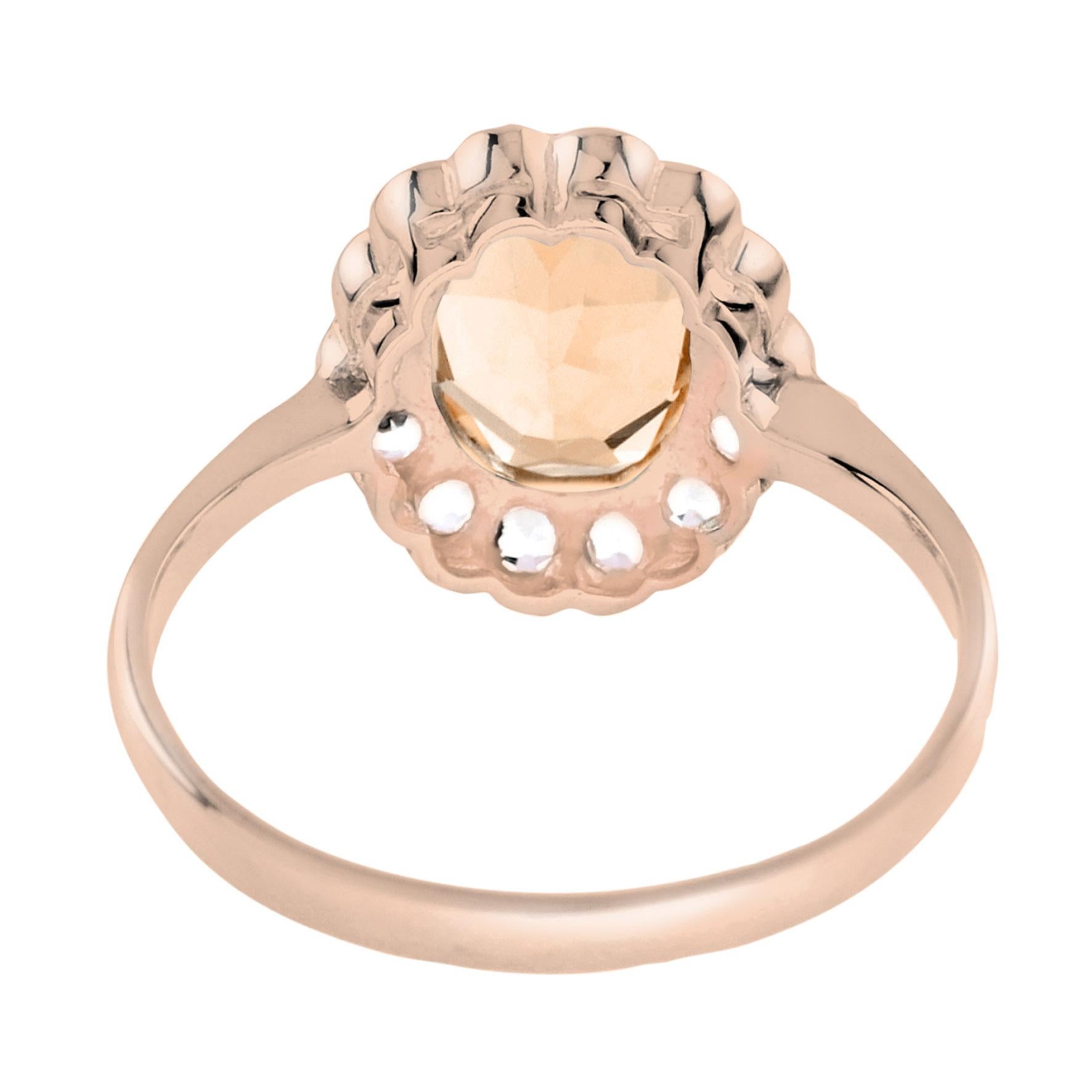 Oval Cut Oval Shape Peach Orange Morganite with Diamond Engagement 18K Rose Gold Ring For Sale