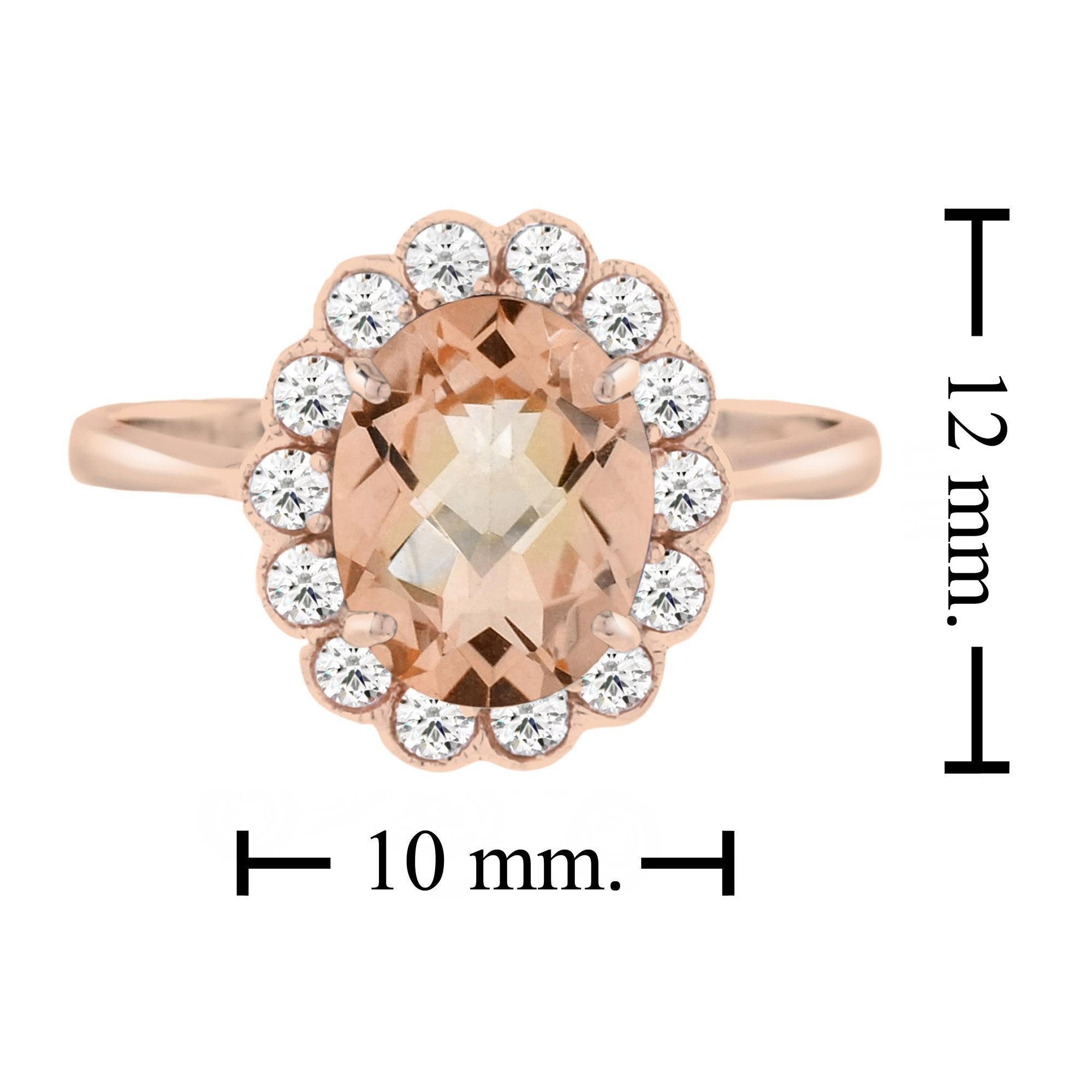 Oval Shape Peach Orange Morganite with Diamond Engagement 18K Rose Gold Ring For Sale 2