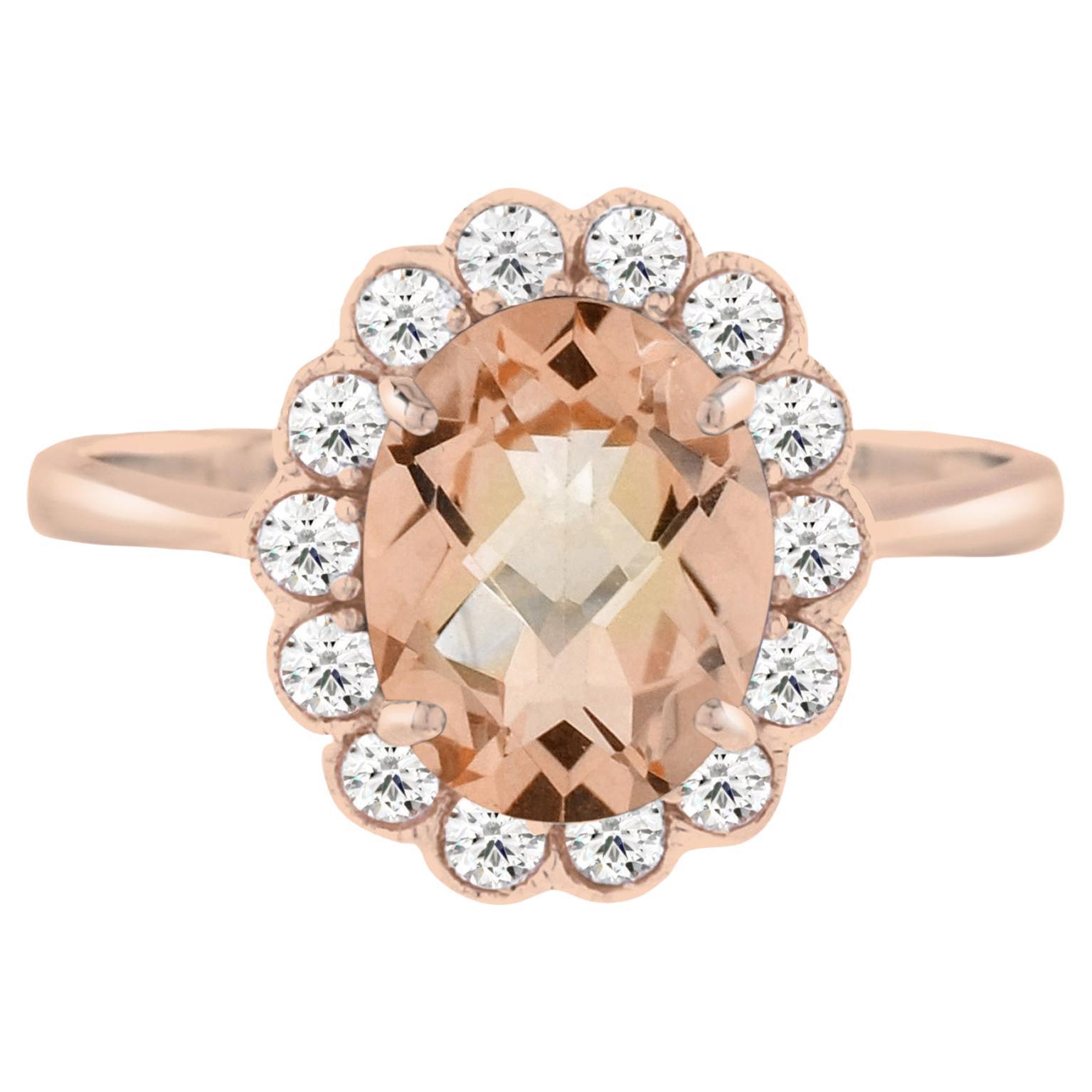 Oval Shape Peach Orange Morganite with Diamond Engagement 18K Rose Gold Ring For Sale