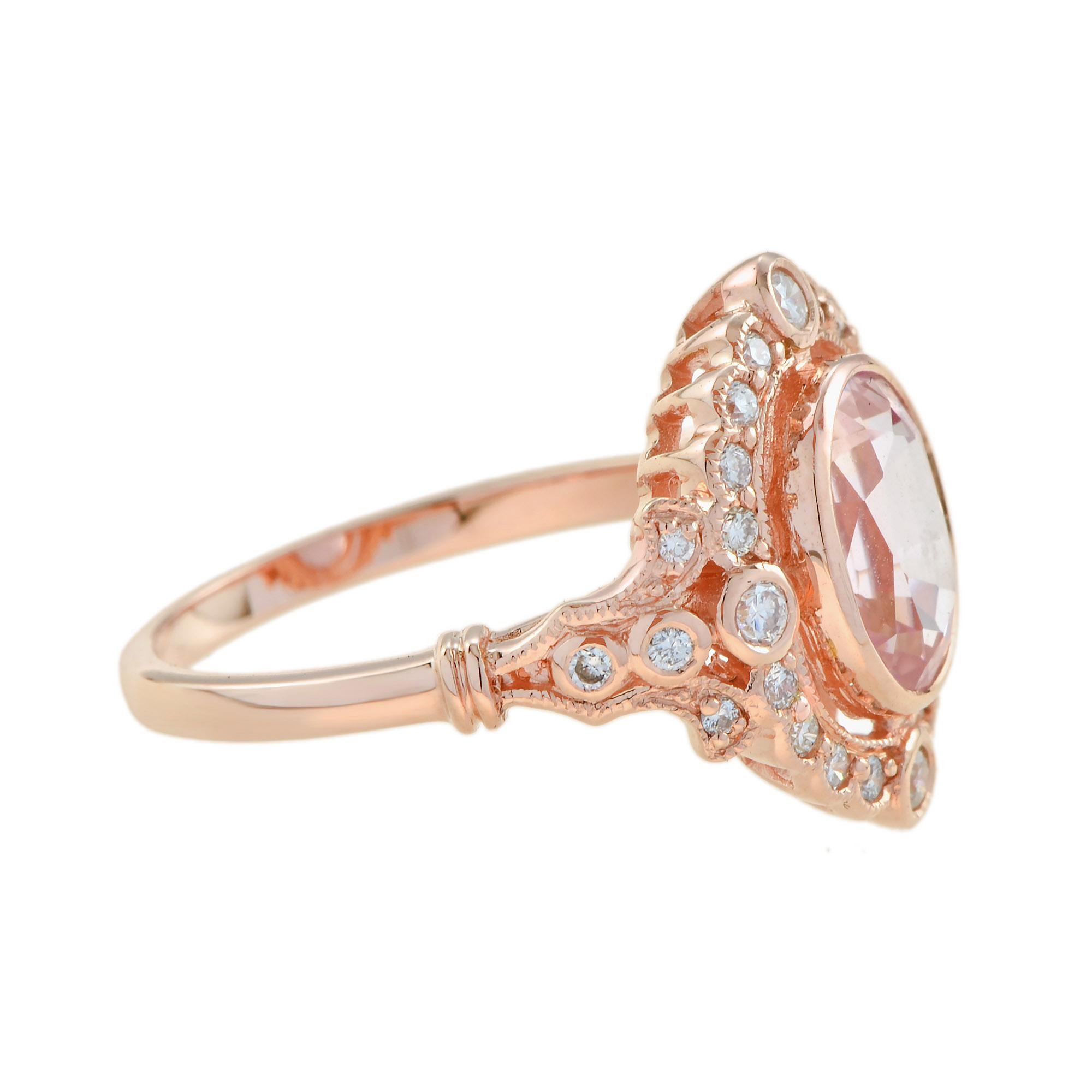 Art Deco Oval Shape Peach Pink Morganite & Diamond Vintage Style Halo 14K Rose Gold Ring For Sale