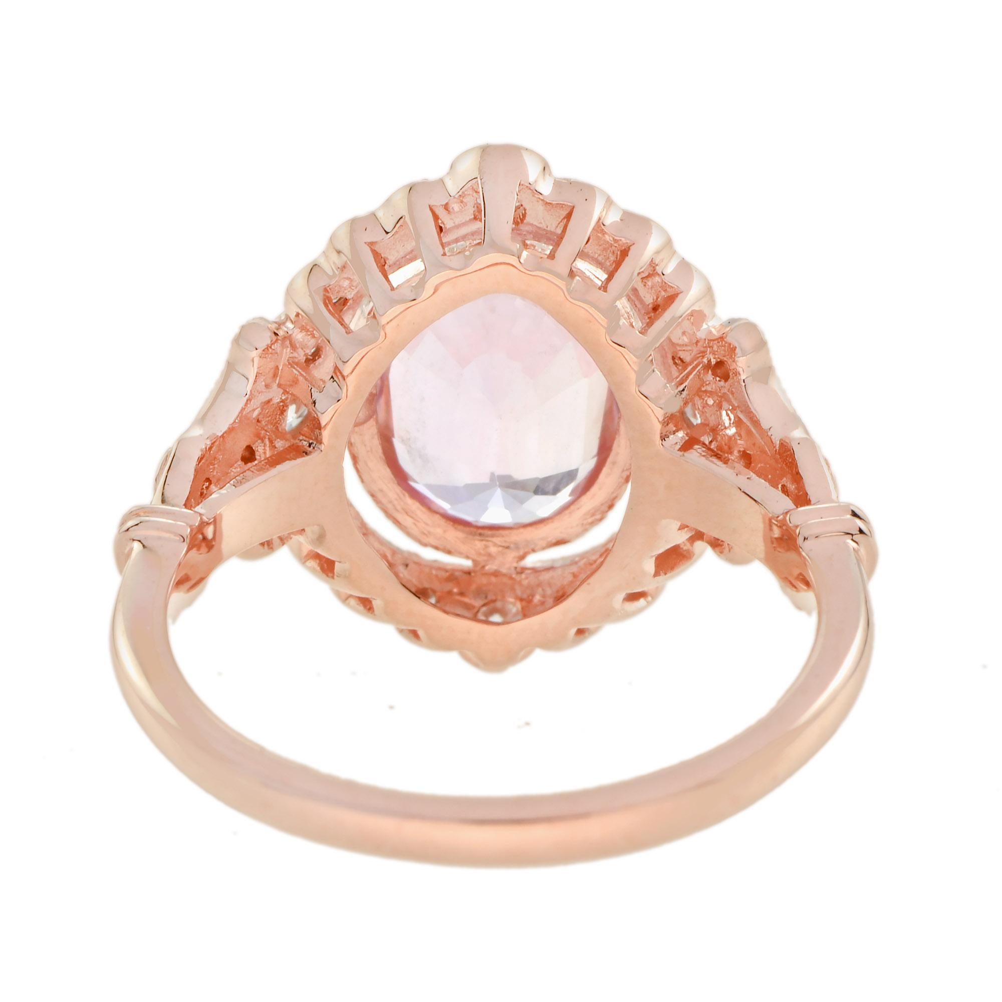 Oval Cut Oval Shape Peach Pink Morganite & Diamond Vintage Style Halo 14K Rose Gold Ring For Sale