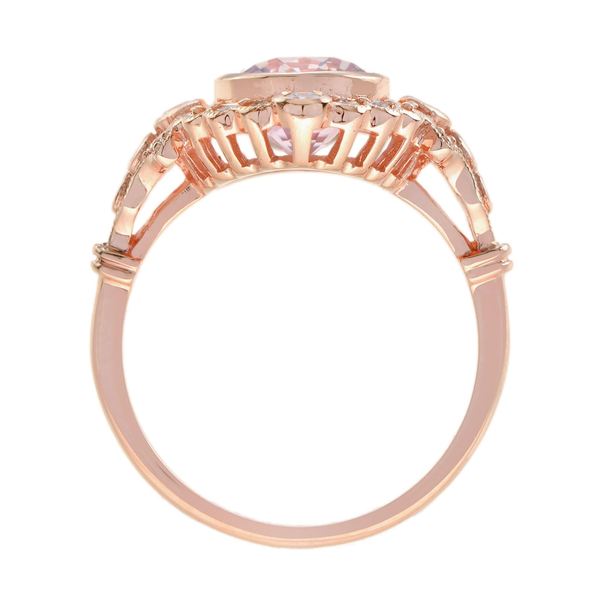 Oval Shape Peach Pink Morganite & Diamond Vintage Style Halo 14K Rose Gold Ring In New Condition For Sale In Oakton, VA