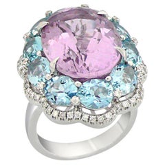 Anello in oro bianco 18 carati con forma ovale, acquamarina blu e diamante bianco