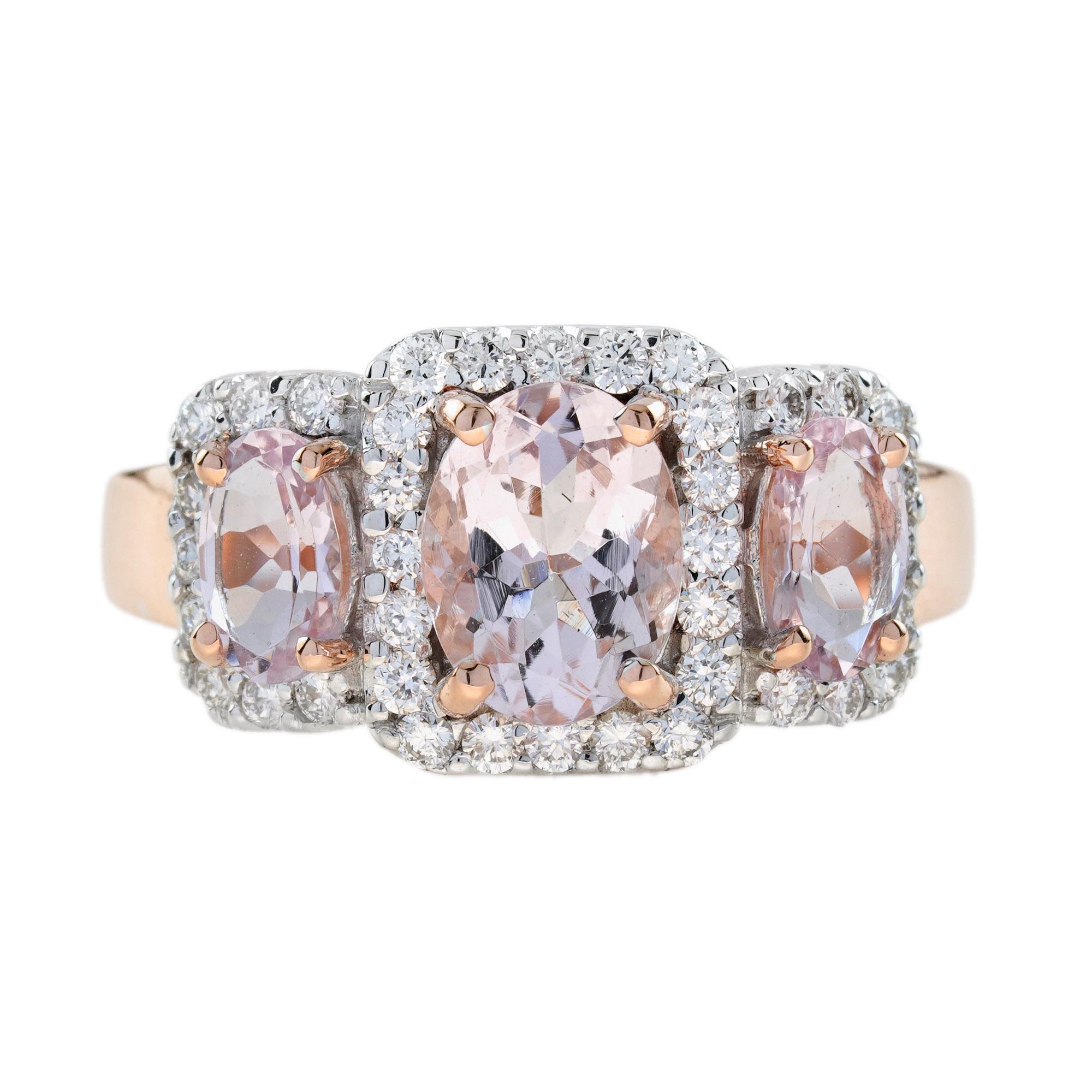 A rose gold three stone engagement ring with a halo is an excellent way to highlight the meaning behind this timeless style. With morganite stone, it demarks a relationship that embodies unconditional love, compassion, empathy, and patience. The