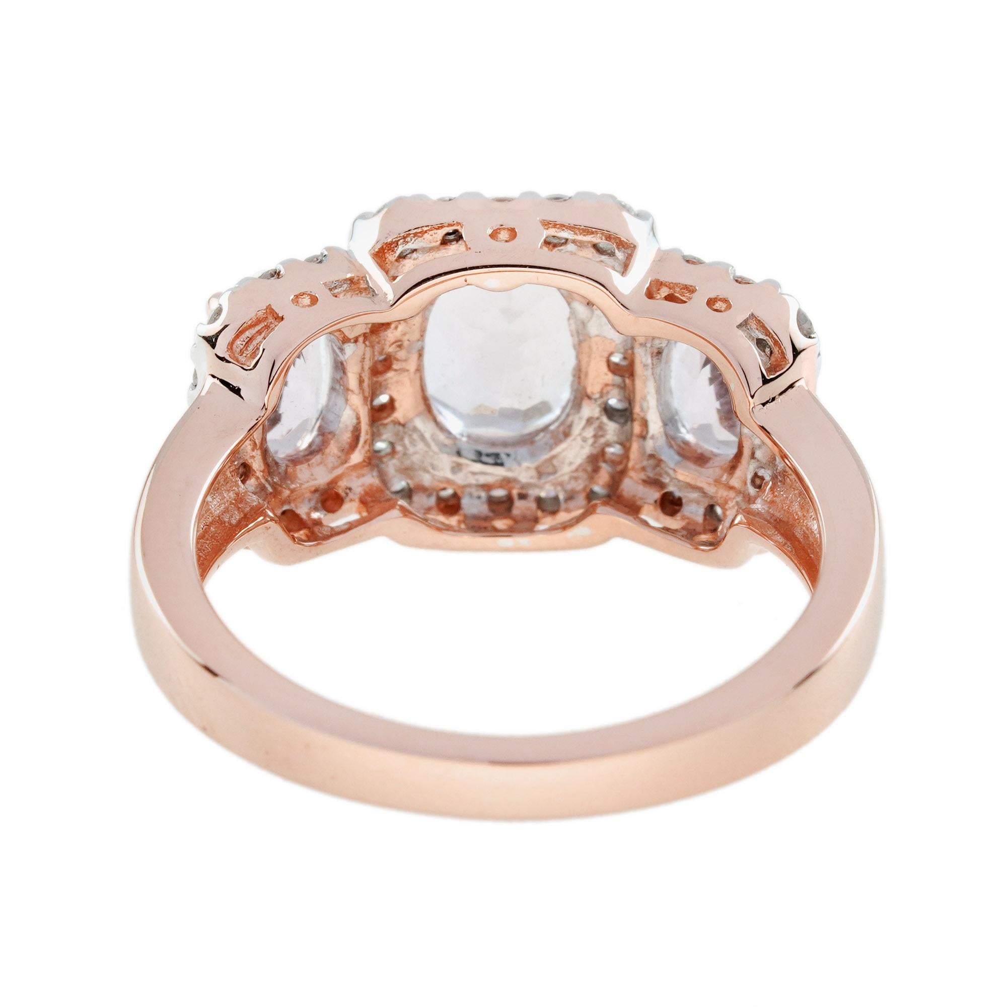 Oval Cut Oval Shape Pink Morganite & Diamond Vintage Style Three Stone Rose Gold Ring For Sale