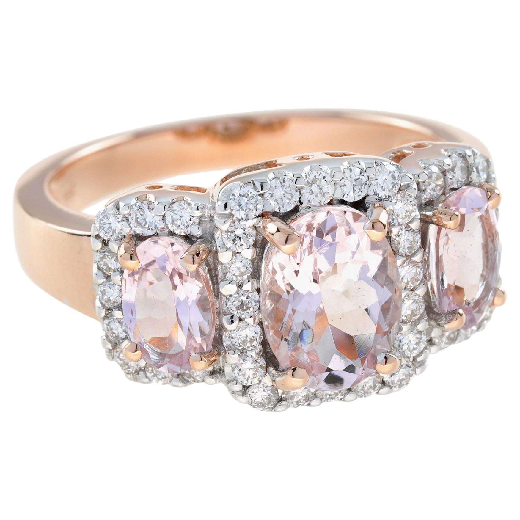 Ovaler Pink Morganit & Diamant Ring im Vintage-Stil mit drei Steinen aus Roségold
