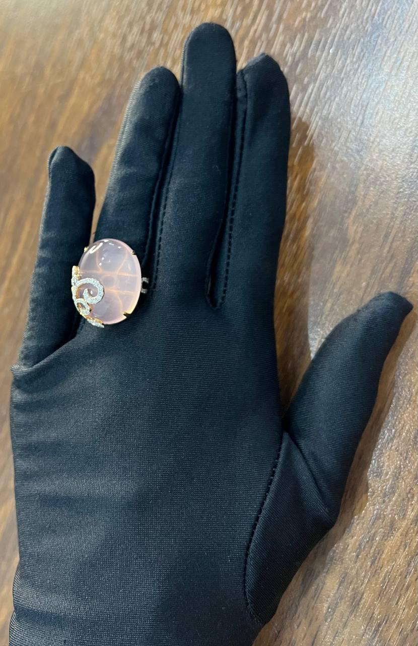 Oval Shape Pink Rose Quartz Cabochon Diamond Scroll 18K White Rose Gold Ring For Sale 6