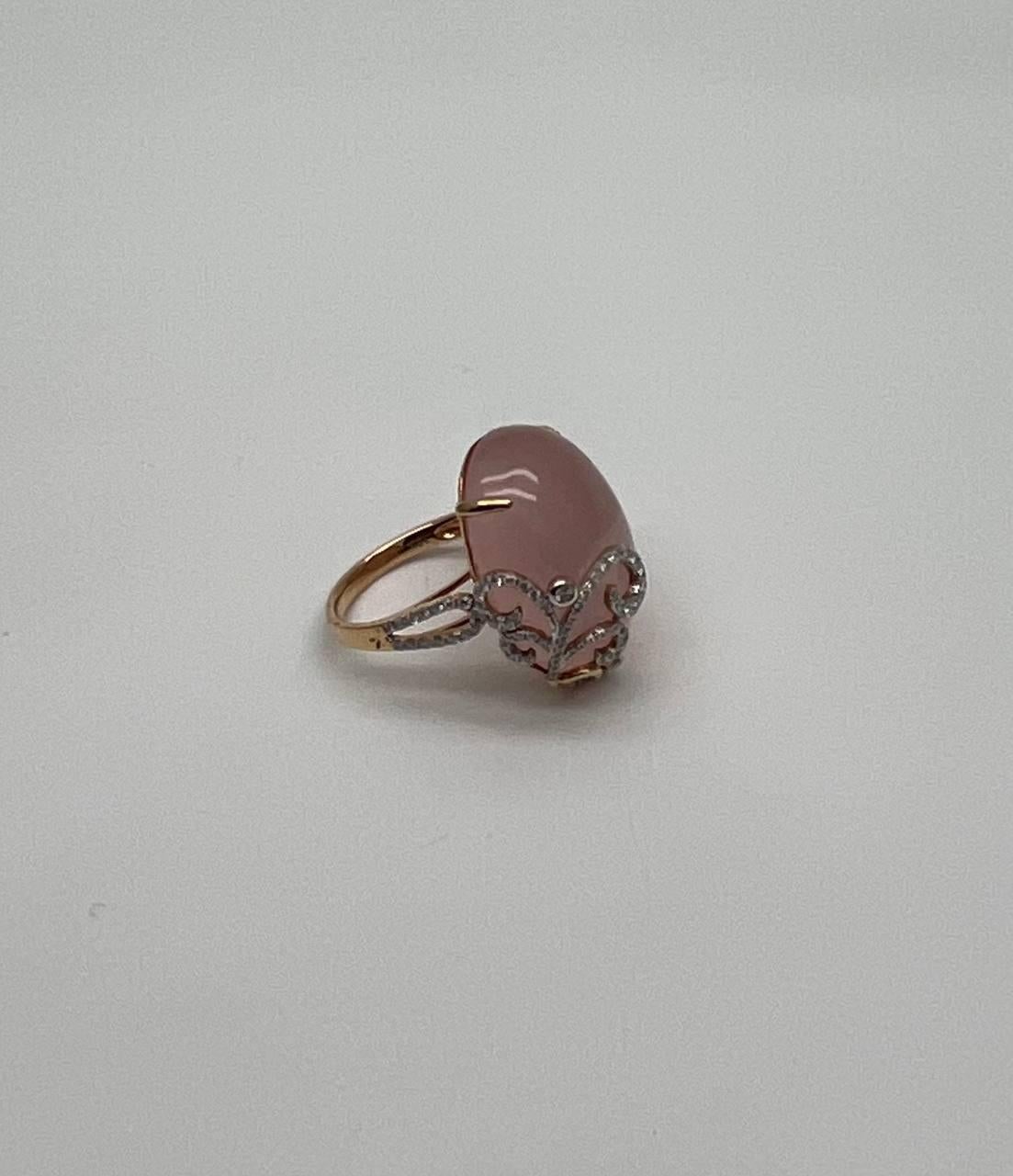 Oval Shape Pink Rose Quartz Cabochon Diamond Scroll 18K White Rose Gold Ring In New Condition For Sale In Oakton, VA