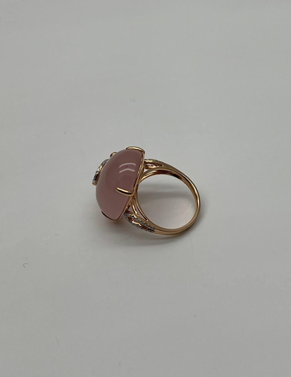 Women's Oval Shape Pink Rose Quartz Cabochon Diamond Scroll 18K White Rose Gold Ring For Sale