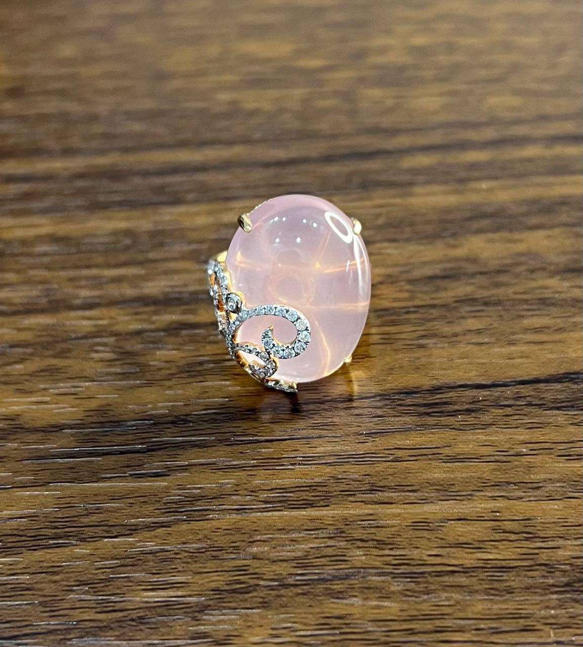 Oval Shape Pink Rose Quartz Cabochon Diamond Scroll 18K White Rose Gold Ring For Sale 1