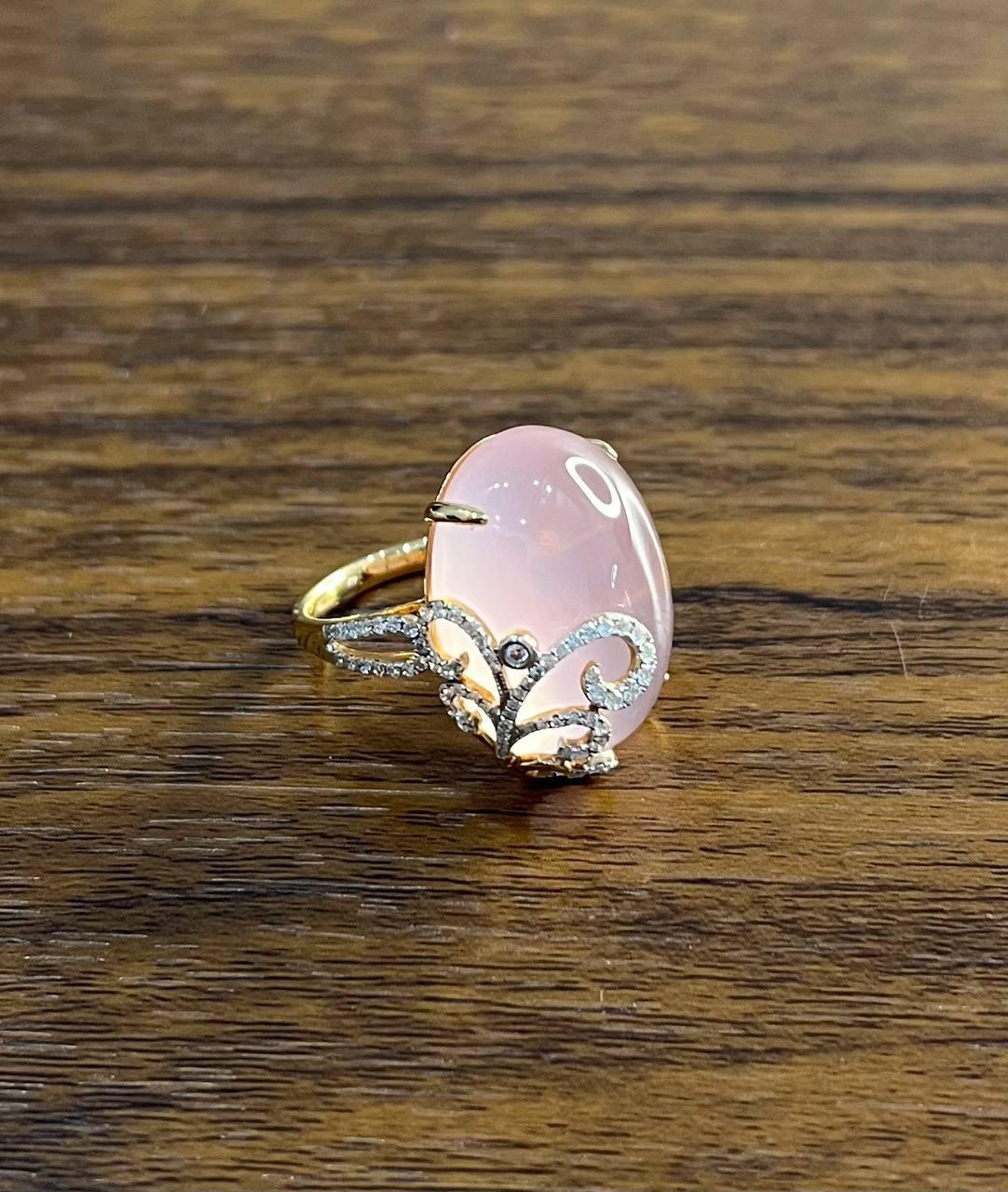 Oval Shape Pink Rose Quartz Cabochon Diamond Scroll 18K White Rose Gold Ring For Sale 2