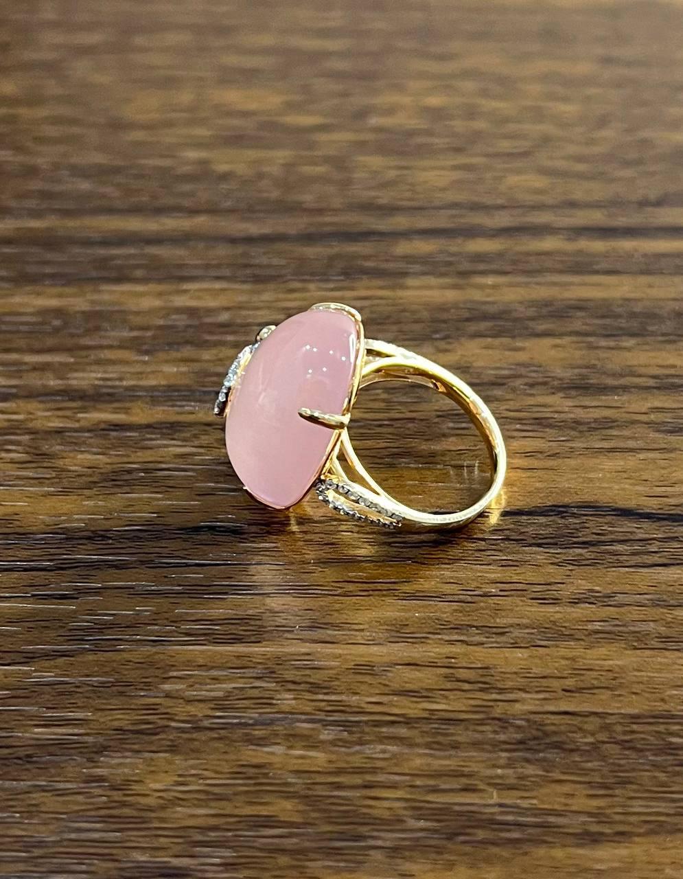 Oval Shape Pink Rose Quartz Cabochon Diamond Scroll 18K White Rose Gold Ring For Sale 3
