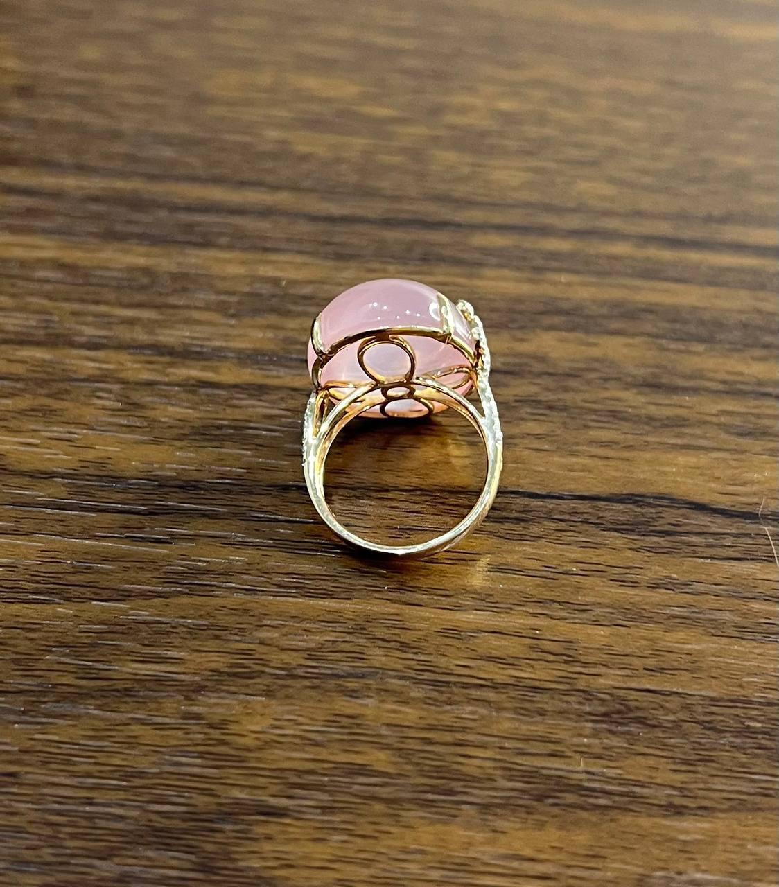 Oval Shape Pink Rose Quartz Cabochon Diamond Scroll 18K White Rose Gold Ring For Sale 4