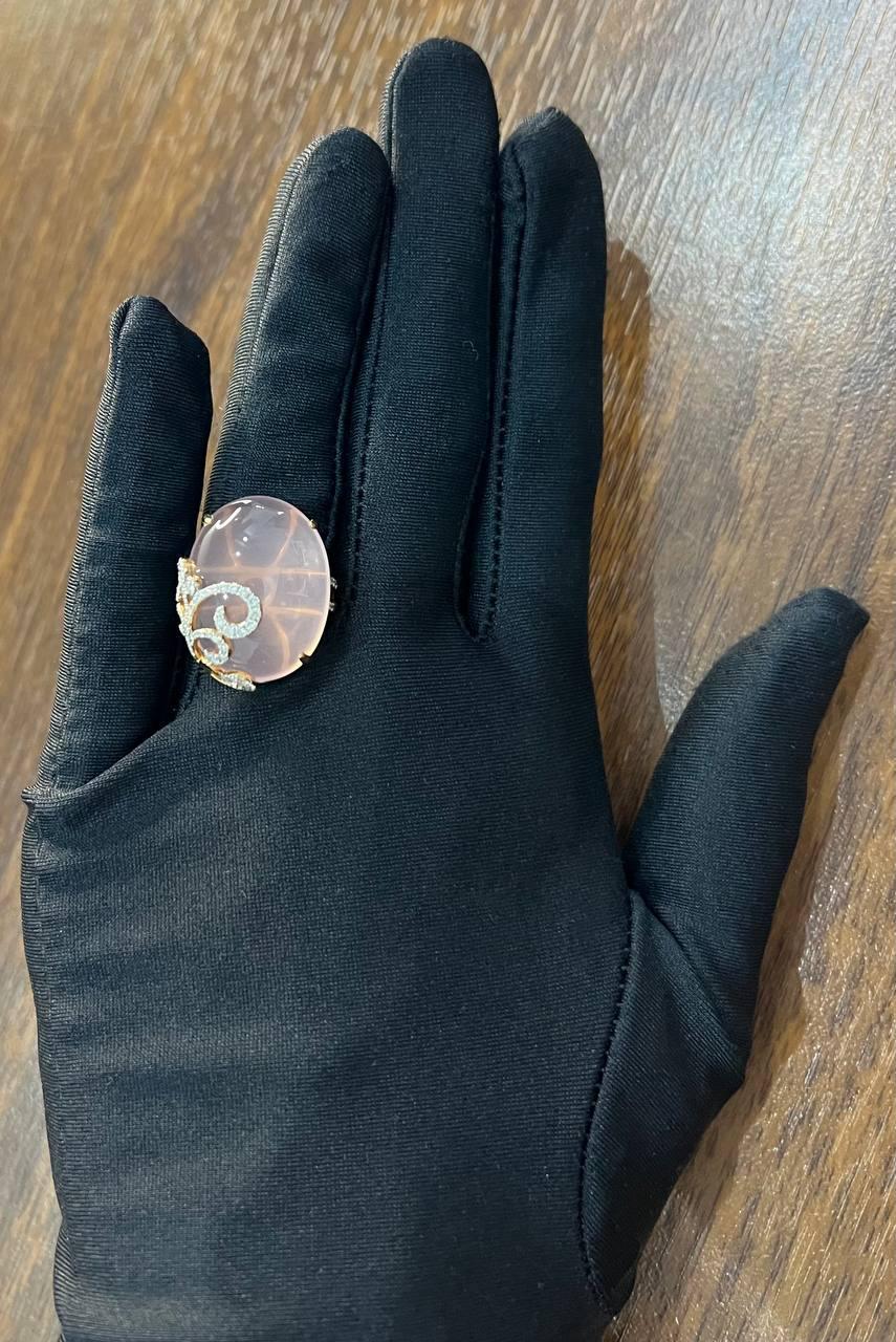 Oval Shape Pink Rose Quartz Cabochon Diamond Scroll 18K White Rose Gold Ring For Sale 5