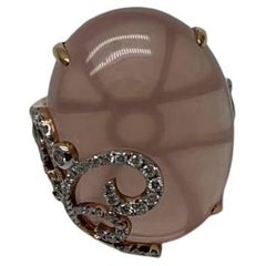 Oval Shape Pink Rose Quartz Cabochon Diamond Scroll 18K White Rose Gold Ring