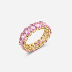 Oval Shape Pink Sapphire 14 Karat Yellow Gold Eternity Band Classic Ring