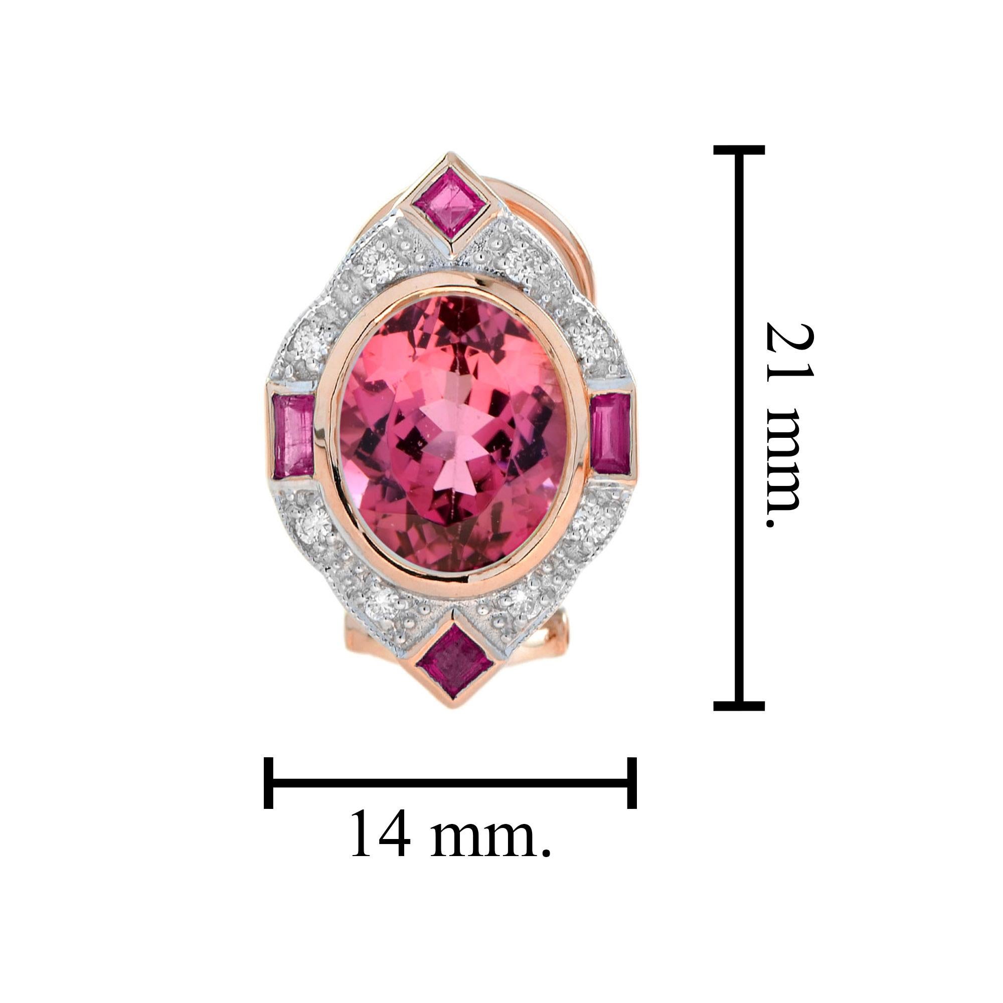 Ovale Form Pink Turmalin & Rubin Diamant Vintage inspirierte Rose Gold Ohrringe (Ovalschliff) im Angebot