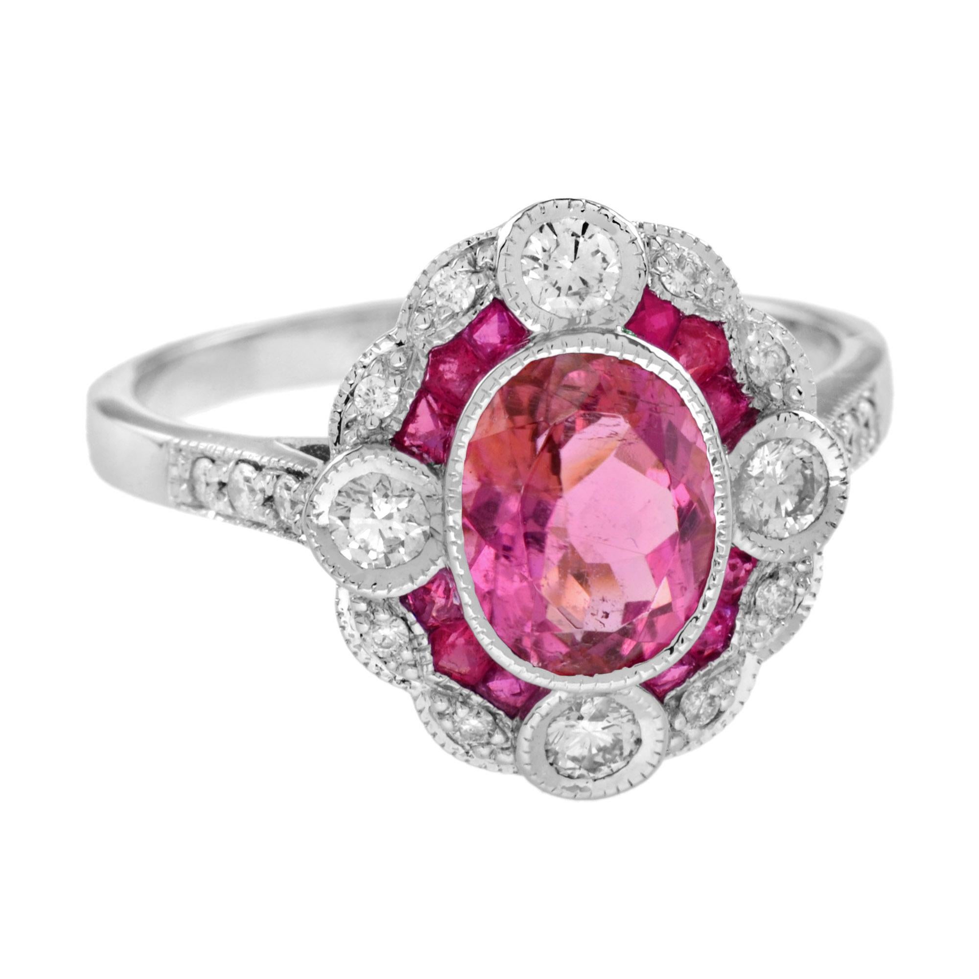 This fanciful contemporary, Art Deco inspired ring sees a raised an opulent 1.55 carat oval but raspberry pink tourmaline surrounded by sparkling round rubies and diamonds. This charming piece is a winsome adornment perfect to mark a milestone