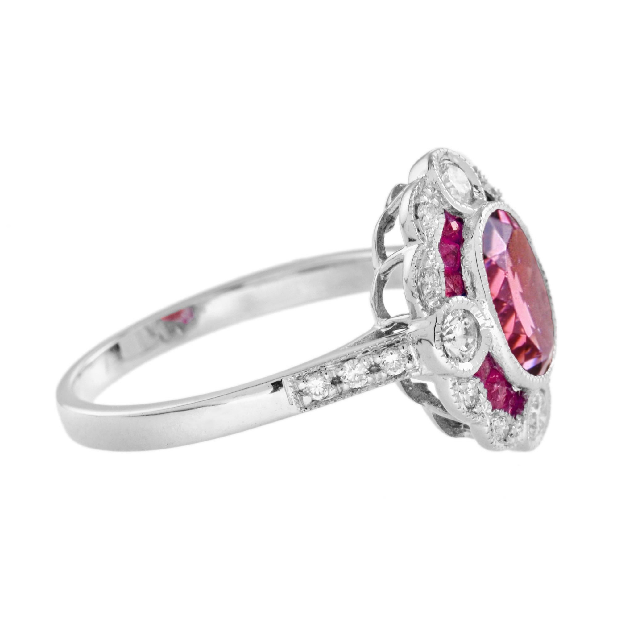 Art Deco Oval Shape Pink Tourmaline & Ruby Diamond Vintage Inspired Style White Gold Ring For Sale