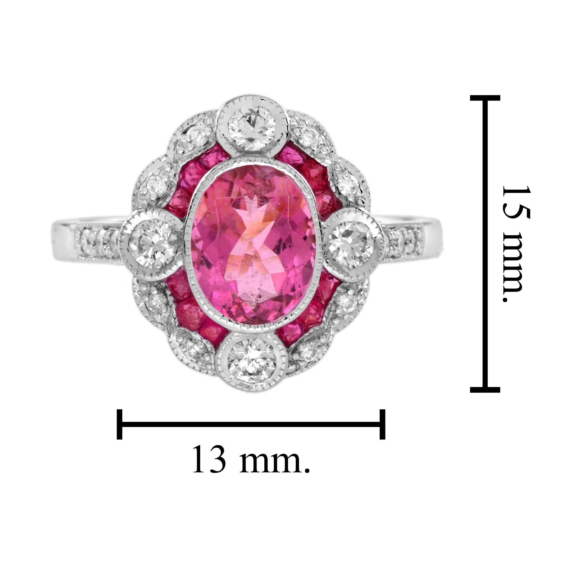 Women's Oval Shape Pink Tourmaline & Ruby Diamond Vintage Inspired Style White Gold Ring For Sale