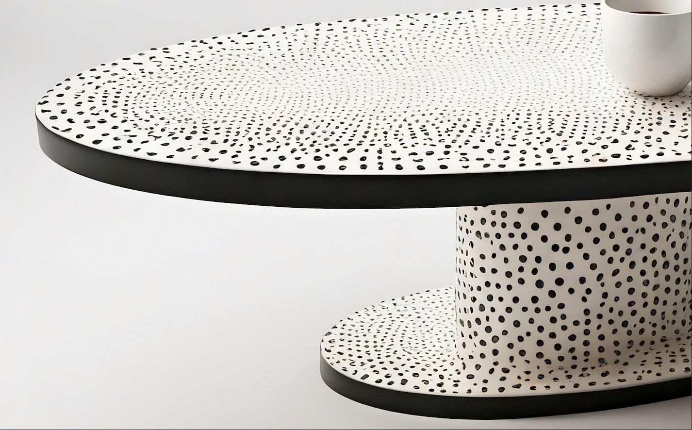 Voici notre table basse ovale Polkadot, une pièce saisissante inspirée de l'art emblématique de Yayoi Kusama. Cette table basse blanche, ornée de pois noirs méticuleusement réalisés à la main, est conçue pour se démarquer dans tout salon moderne. Le