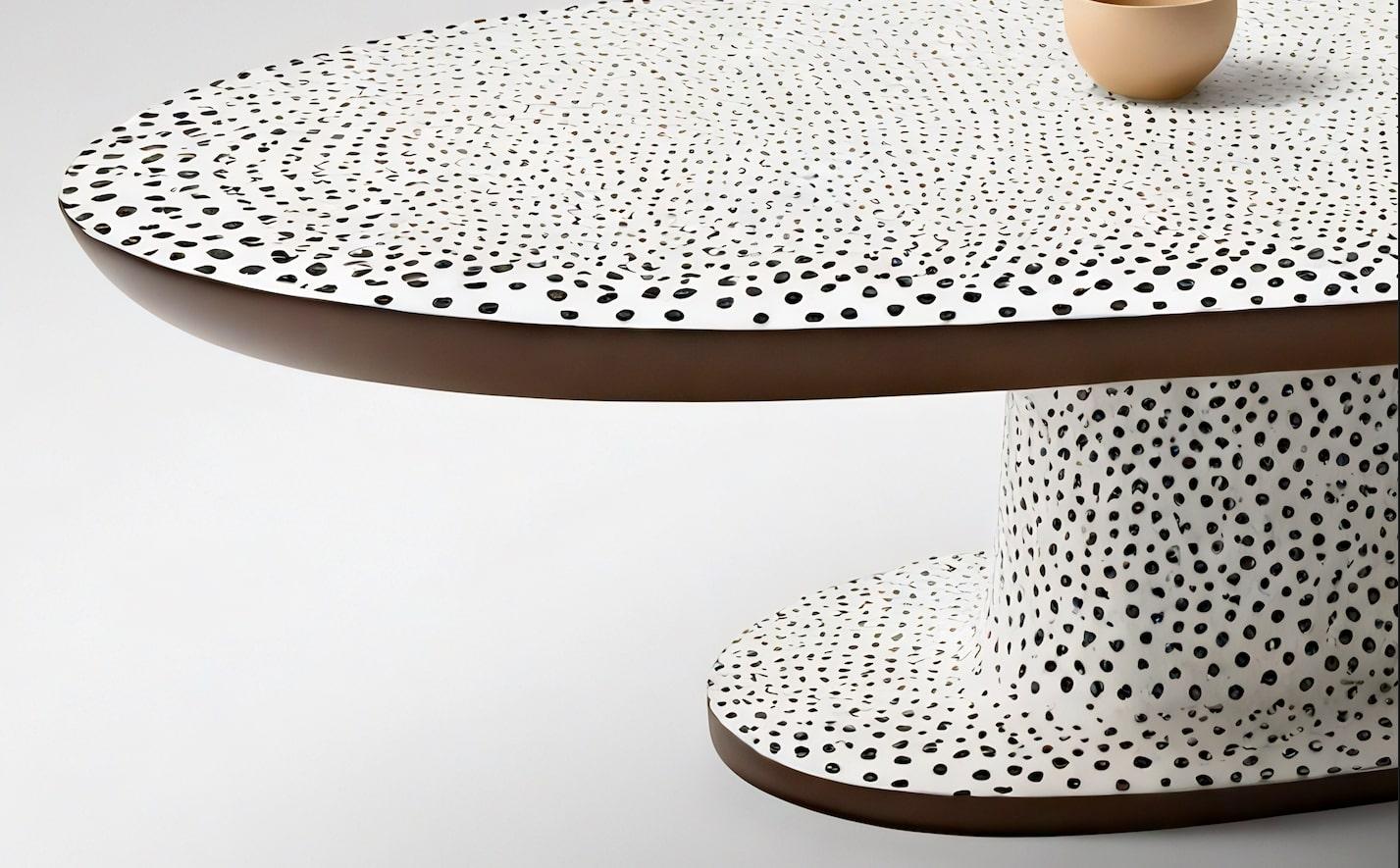 Voici notre table basse ovale Polkadot, une pièce saisissante inspirée de l'art emblématique de Yayoi Kusama. Cette table basse blanche, ornée de pois noirs méticuleusement réalisés à la main, est conçue pour se démarquer dans tout salon moderne. Le