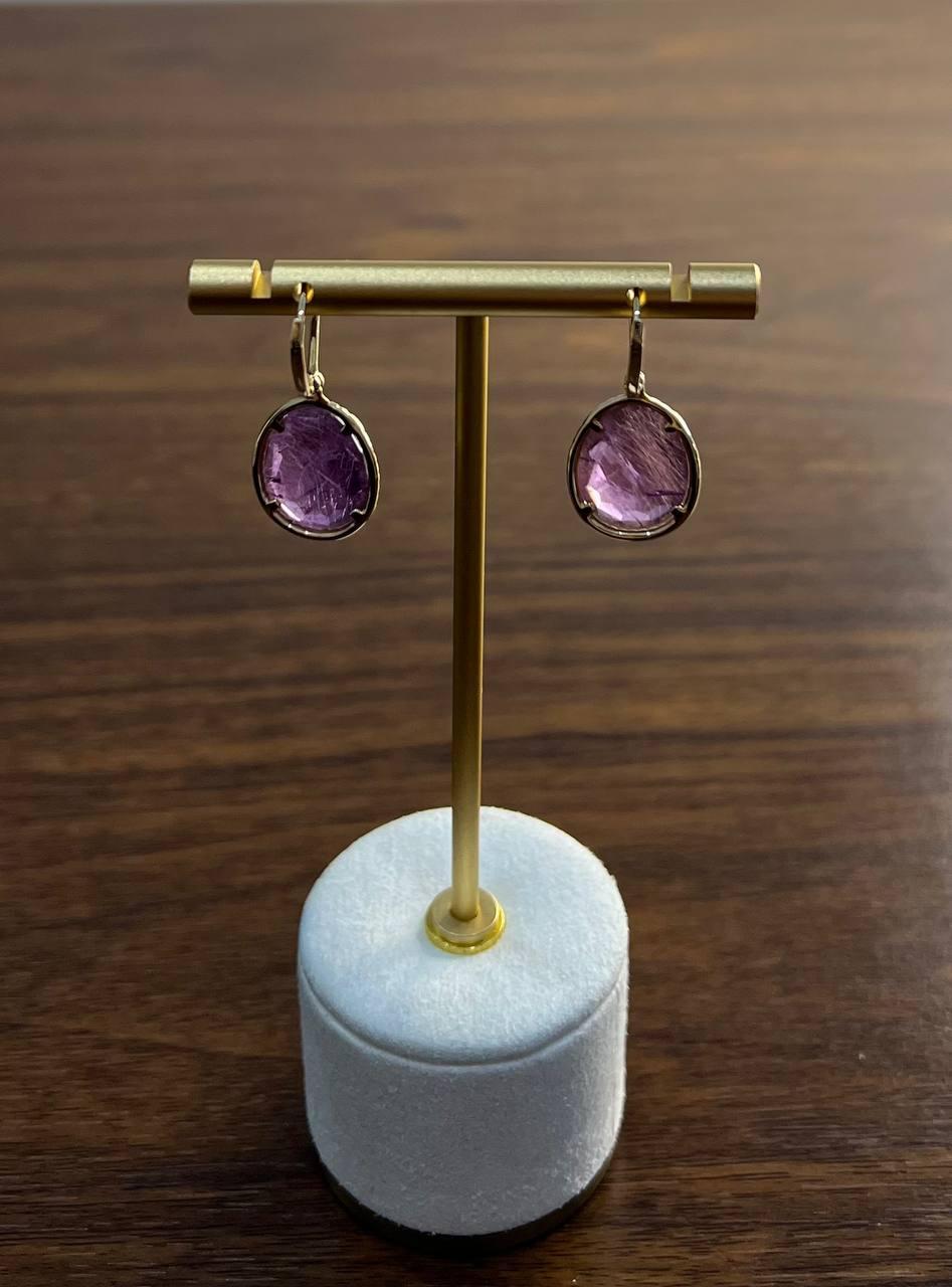 Pendientes Cabujones Amatista Violeta Púrpura Forma Ovalada Oro Amarillo 14K Diamantes en venta 6
