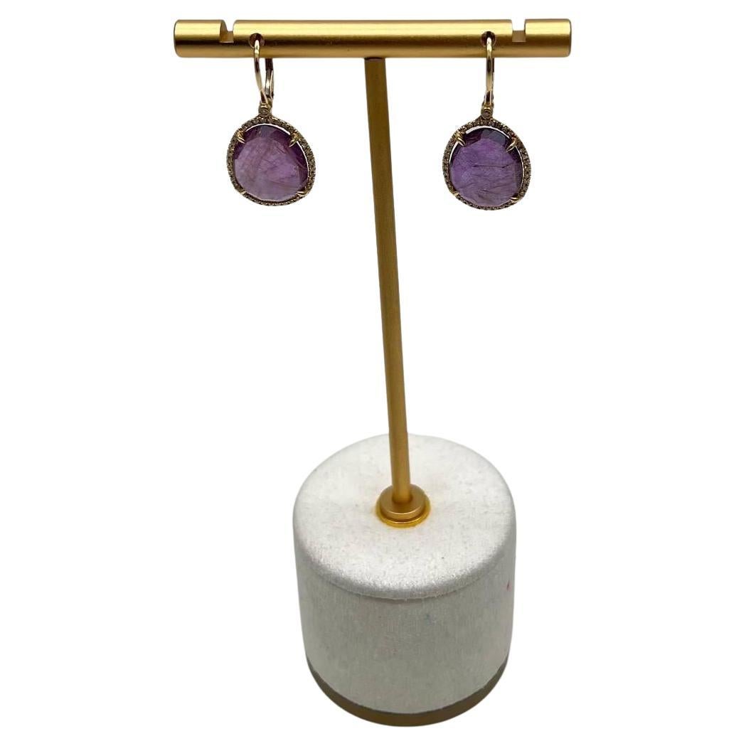 Pendientes Cabujones Amatista Violeta Púrpura Forma Ovalada Oro Amarillo 14K Diamantes en venta
