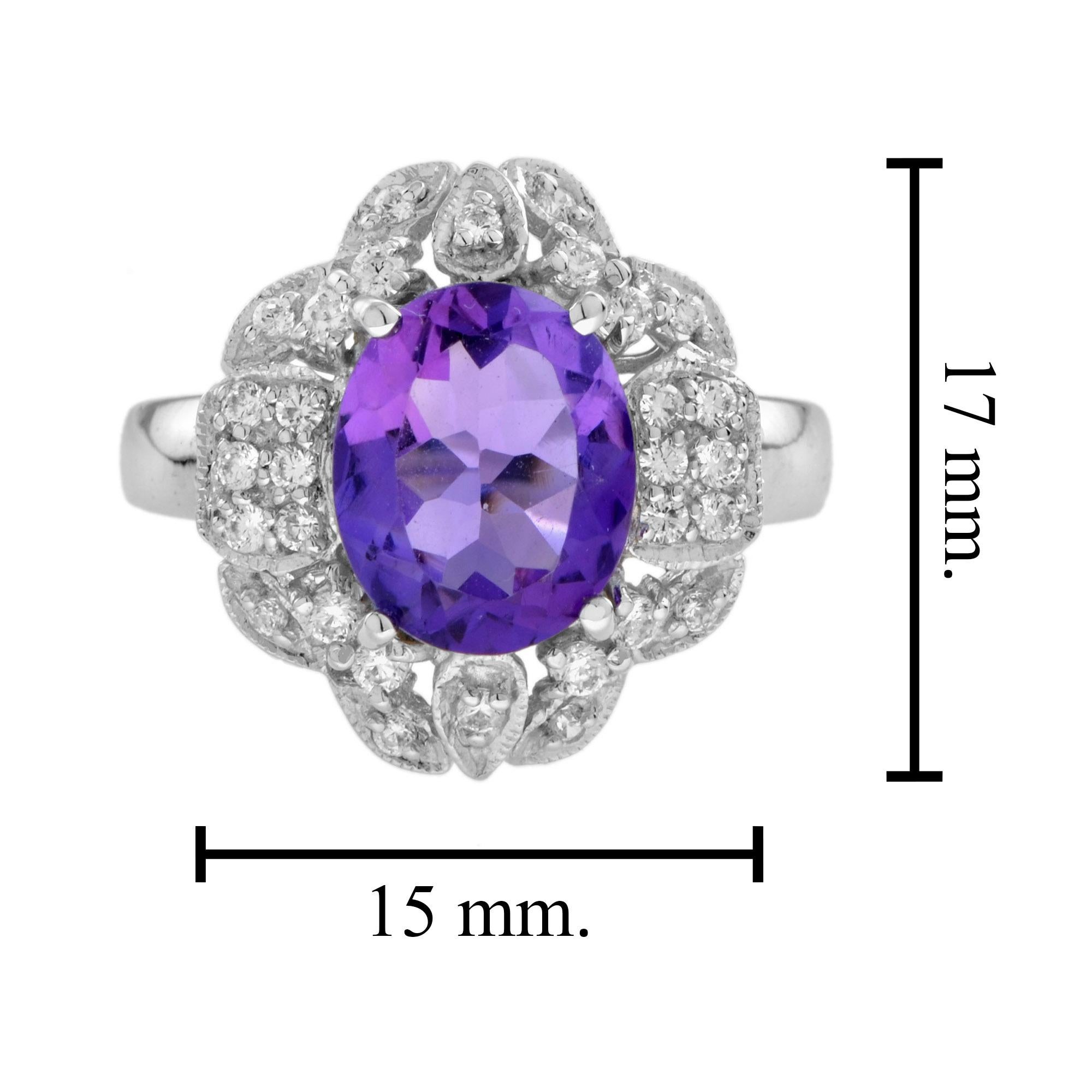 Oval Shape Purple Violet Amethyst & Diamond Halo Set 14K White Gold Vintage Ring in vendita 1