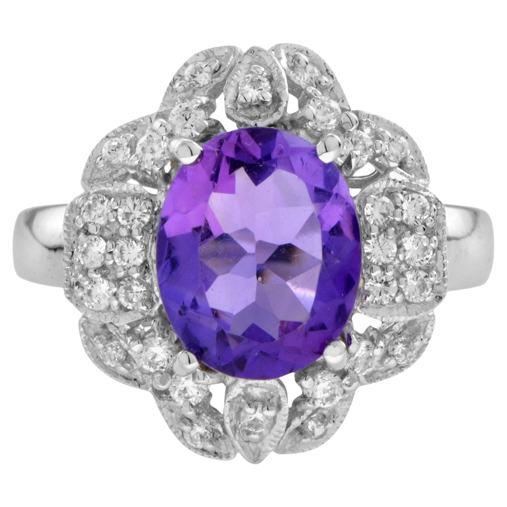 Oval Shape Purple Violet Amethyst & Diamond Halo Set 14K White Gold Vintage Ring