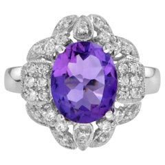 Oval Shape Purple Violet Amethyst & Diamond Halo Set 14K White Gold Vintage Ring