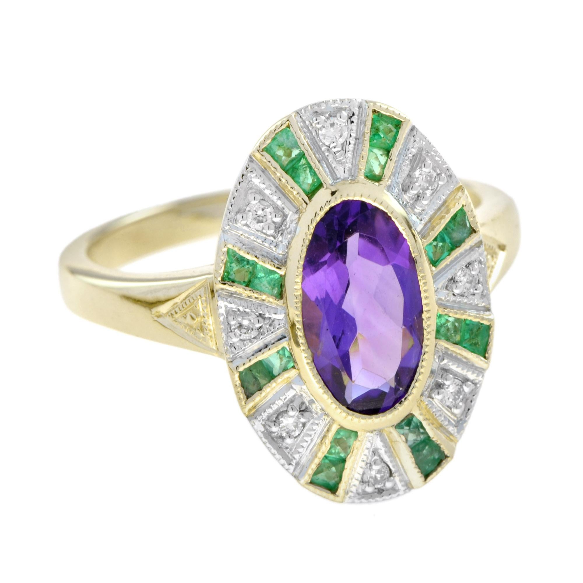 Stunning vintage inspired 9k yellow gold amethyst with emerald and diamond set ring.
The ring consists of one central oval shaped amethyst surrounded by French cut emeralds and round cut diamonds. A highlight for ladies who favor extraordinary