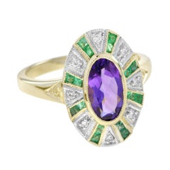 Oval Shape Purple Violet Amethyst with Green Emerald & Diamond Cluster Gold Ring
