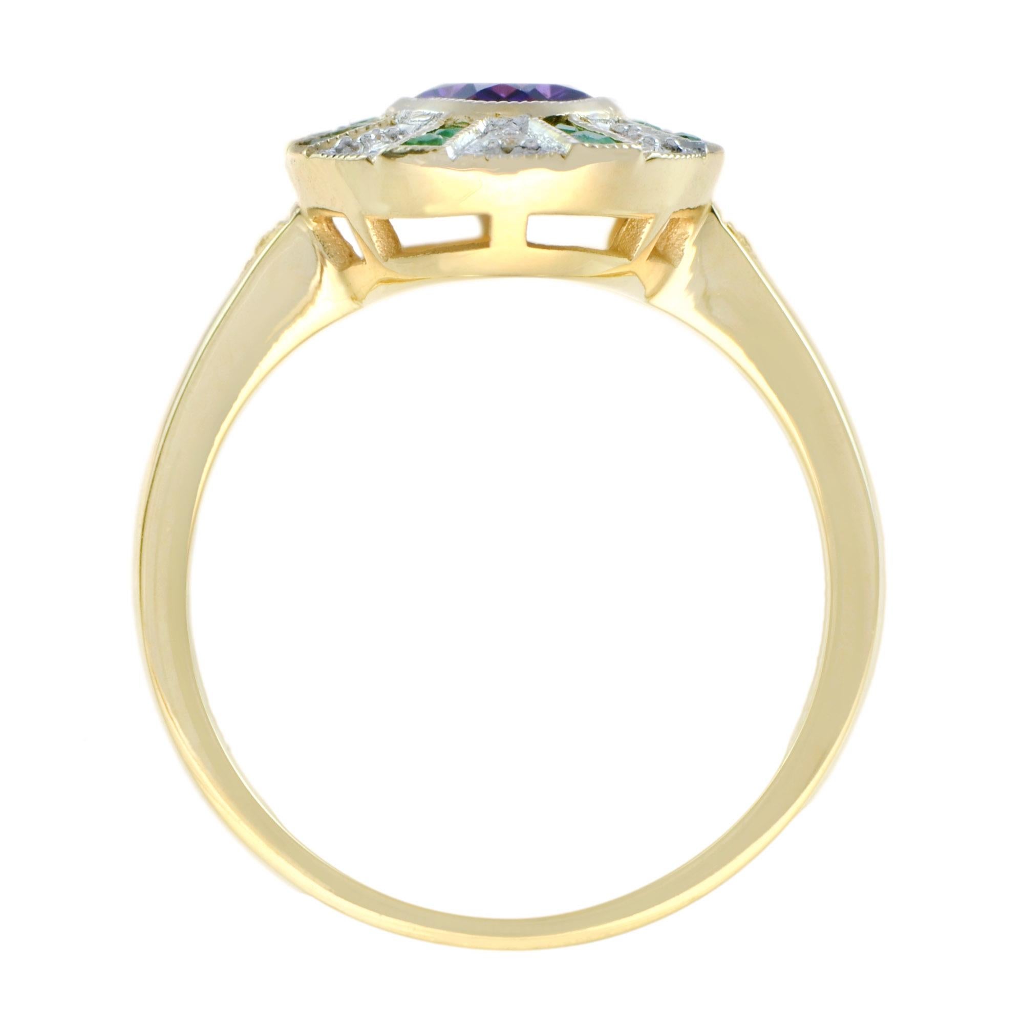 Oval Shape Purple Violet Amethyst with Green Emerald & Diamond Cluster Gold Ring In condizioni Nuovo in vendita a Oakton, VA