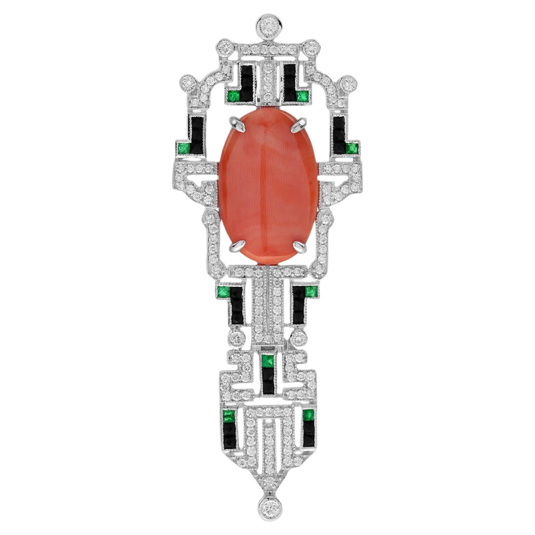 Broche de oro blanco de 14 quilates con forma ovalada de coral rojo y ónix diamantado estilo Art Decó