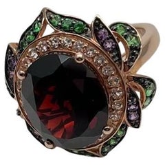 Oval Shape Red Garnet White Diamond Halo Set Gemstones Floral 14K Rose Gold Ring