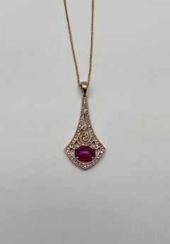 Oval Shape Red Pink Ruby Cabochon 14K White Gold Statement Pendant Necklace